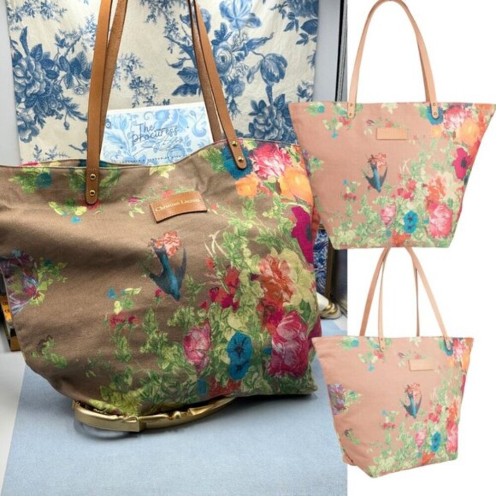 🆕 CHRISTIAN LACROIX 🧿 NWOT Shopping Tote Eden 1 Printed Canvas Taupe & Florals